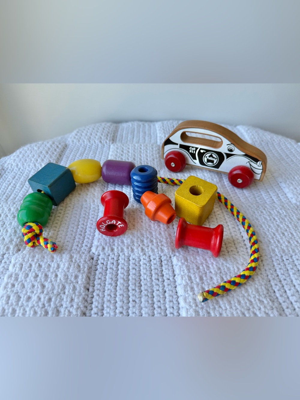 Holgate Wooden Jumbo Lacing Beads and Police Push Car